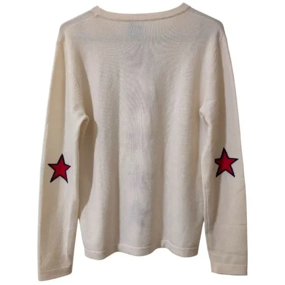 Two Bees Cashmere Star Stripe Intarsia Crewneck Lightweight Sweater Ivory & Red